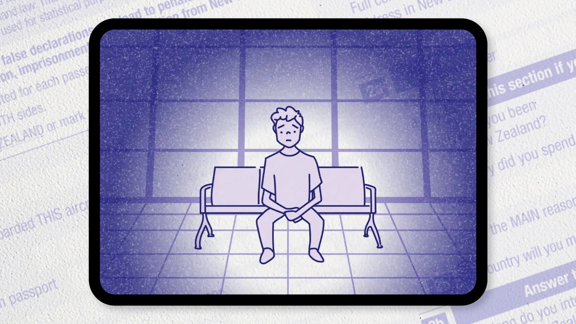 Still from Entry Denied. Main character sitting in airport terminal