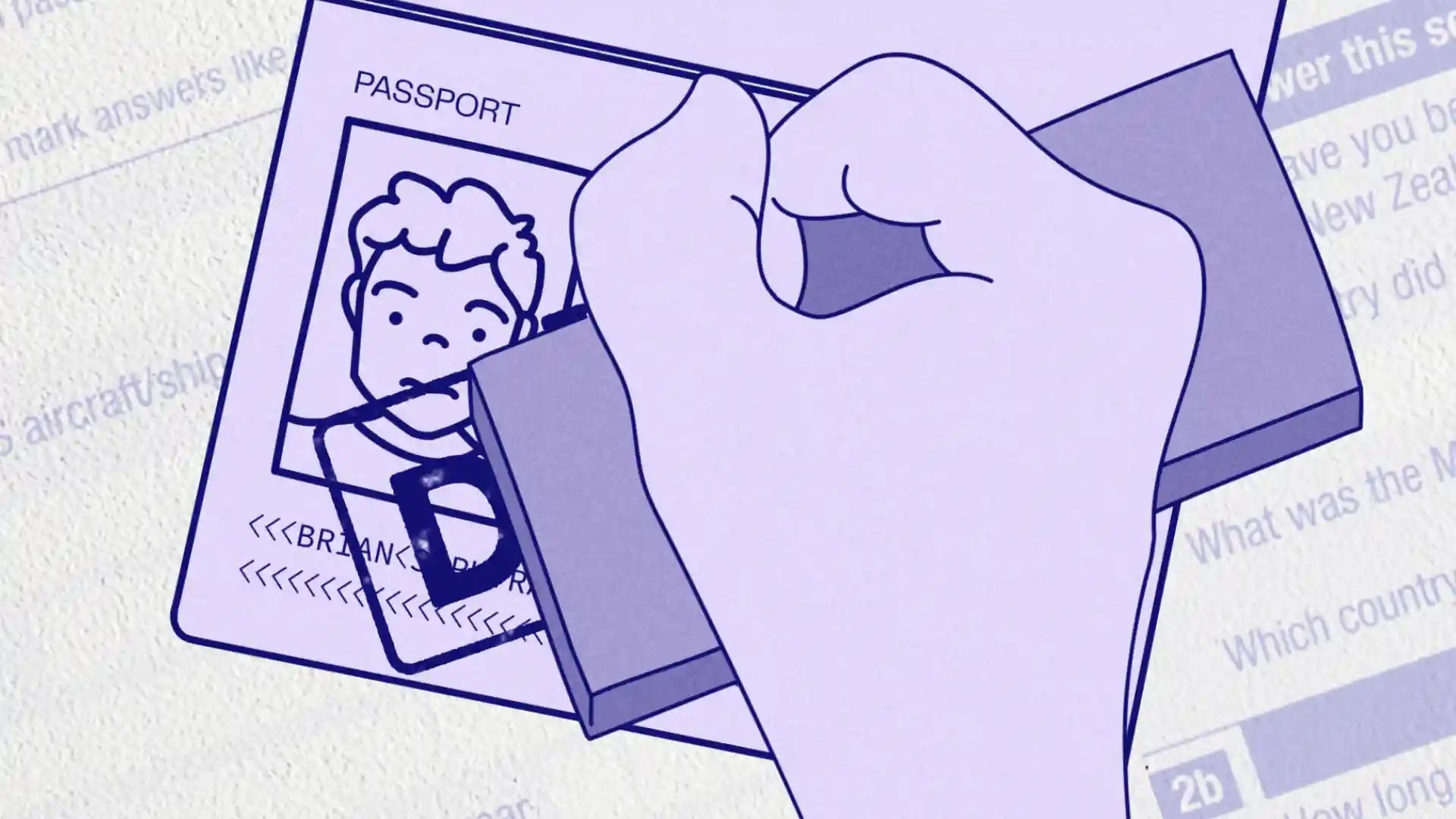 Still from Entry Denied. Shot of passport being stamped