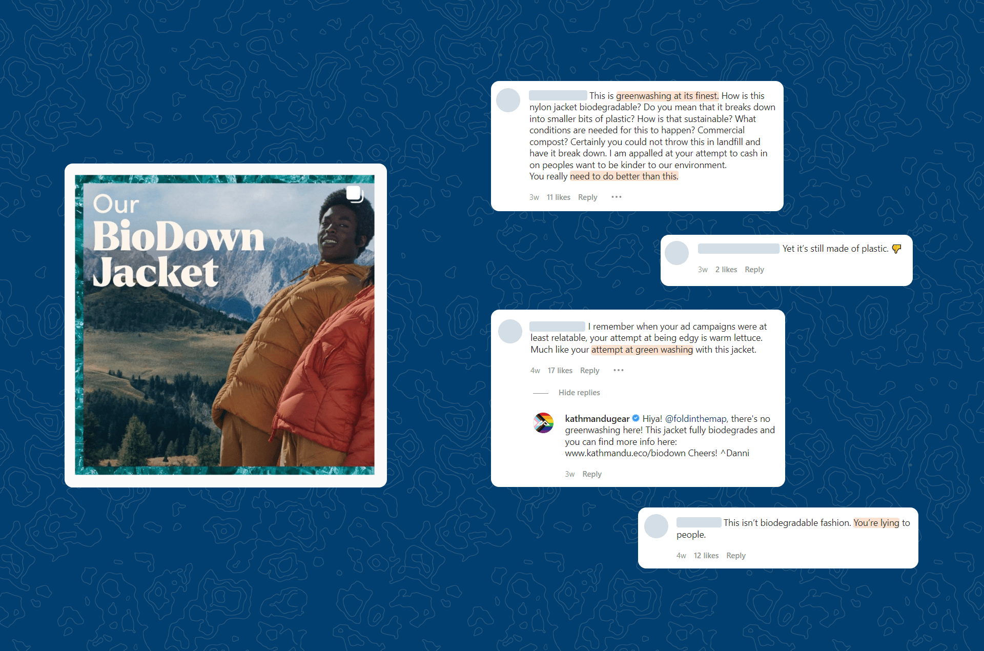 Comments from the Biodown instagram post. Comments state that it's greenwashing at it's finest